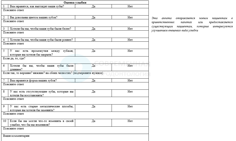 Карта отбеливания зубов образец